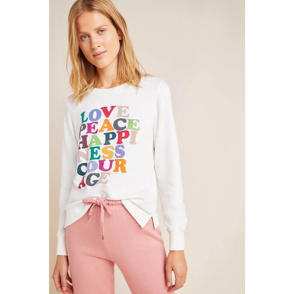 Anthropologie Love Peace Happiness Sweatshirt Sz XS Cream Multicolor Embroidered